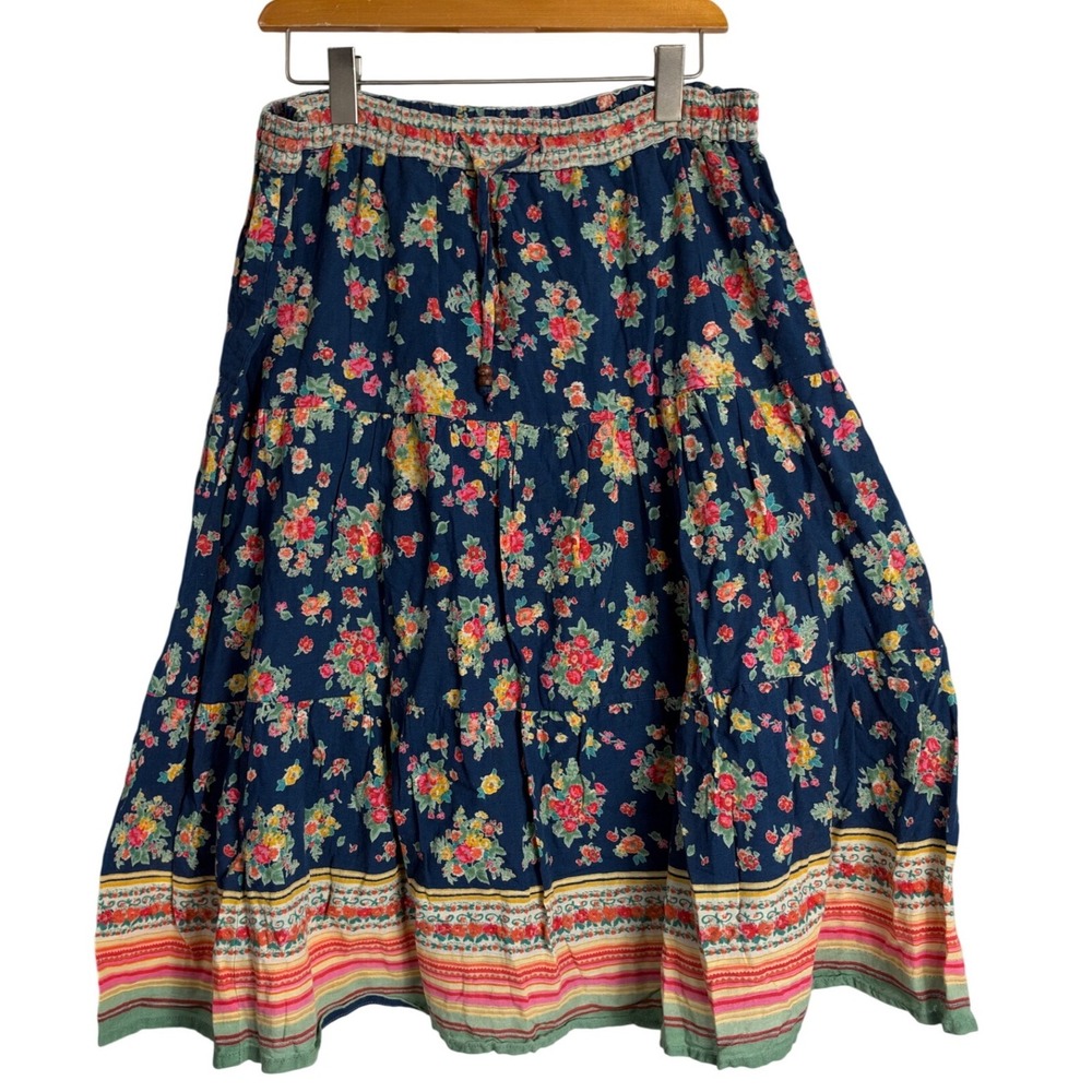 Zakanaka Navy Blue Floral Tiered Cotton Ramie Midi Skirt Size M cottage boho